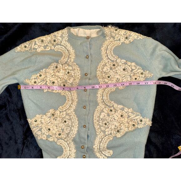 SPECTACULAR LINED VINTAGE LACE & JEWEL TRIM CARDIGAN SWEATER MUST SEE!! - Picture 7 of 13